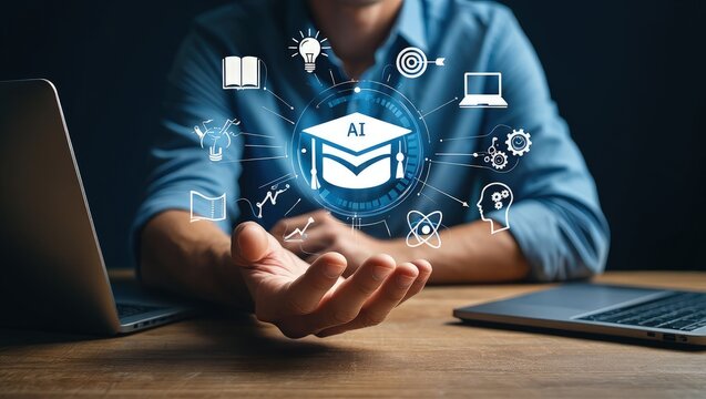 Creativity ideas, AI Artificial Intelligence, Education technology concept, Businesswomen Show AI light bulb icon, Training to develop new skills and knowledge. AI-enhanced learning, Generate Business