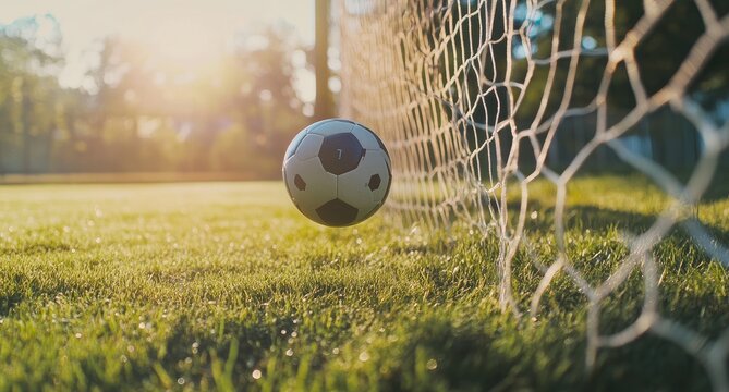 Soccer ball about to enter goal. Sunlight streams over a vibrant green field as the ball flies toward the net - Powered by Adobe