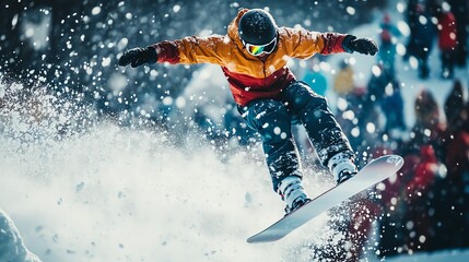 Naklejka premium Snowboarder Jumps in Snowy Terrain During Winter Season Sports Event
