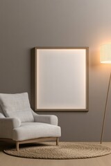 Cozy seating area featuring minimalist design, soft lighting, an