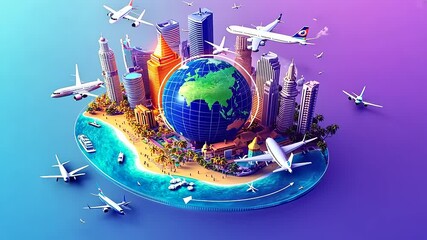 A vibrant digital illustration showcasing a globe surrounded by skyscrapers and airplanes, symbolizing global travel - Powered by Adobe