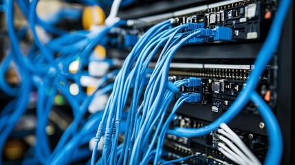 Network cables connect various devices in a data center managed by a system administrator during a weekday