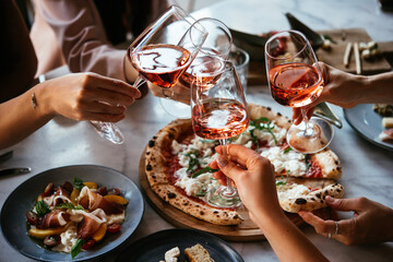 Friends enjoy a dinner party with pizza and rose wine in a bar or a restaurant.