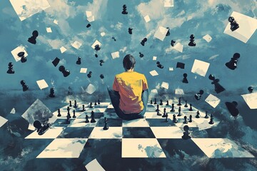 A detailed illustration of a person sitting on a chessboard, overwhelmed by dozens of pieces moving on their own, symbolizing strategic overthinking.Brain fog,overthinking,anxious thoughts.