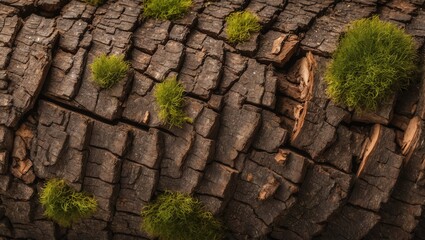 Nature Texture Background Featuring Moss on Cracked Tree Bark