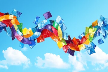 Colorful geometric shapes floating through the blue sky gracefully