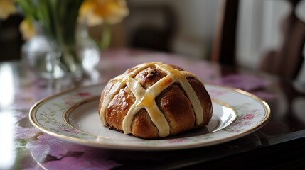 A hot cross bun sits on a plate.