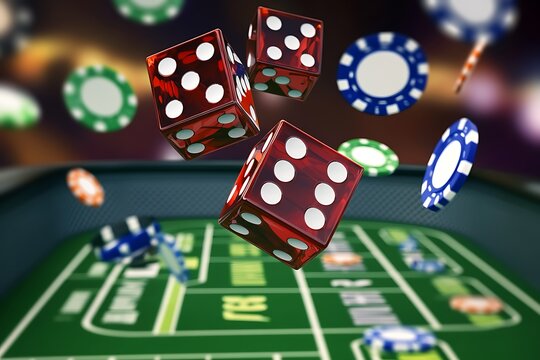Red dice and casino chips are floating in the air