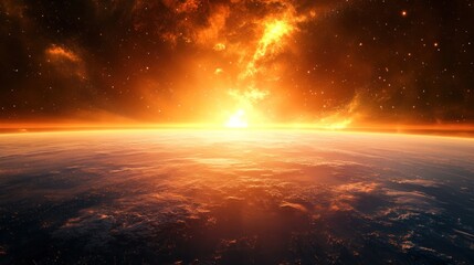 Fototapeta premium Fiery Sunrise Over Earth, Cosmic Panorama