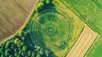 An AI powered system analyzing agricultural drone imagery for crop health optimization, farm field with real-time crop health data from drones and AI analytics, Agricultural technology style
