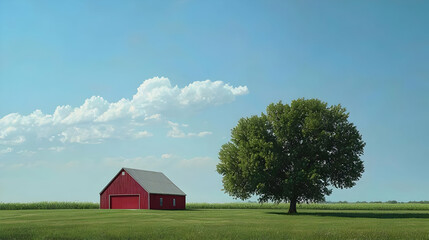 Fototapeta premium Red Barn In Green Field Under Sunny Sky