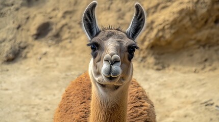 Obraz premium A llama is in its home. It has a long neck and soft fur. The land around it is brown, making it look grand.