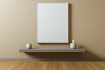 Minimalist interior with blank canvas, candles, and simple vases