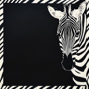 Bold zebra portrait in square frame with high-contrast black and white stripes, symbolizing wild elegance. Perfect for modern design, branding, and decorative art themes.