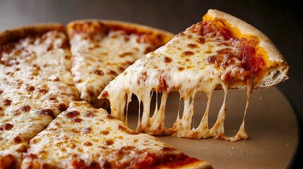Delicious slice of cheese pizza with a tempting cheese pull, ready to eat