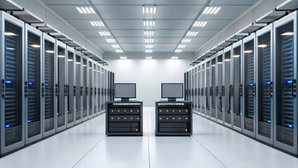 Digital transformation with industry 4.0, A modern server room featuring rows of servers and computer terminals, showcasing technology and data management.