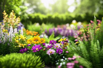 Obraz premium Serene garden in full bloom, with a variety of colorful flowers and lush greenery
