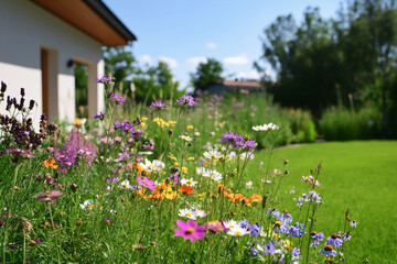 Wild flower garden in a backyard on a sunny day