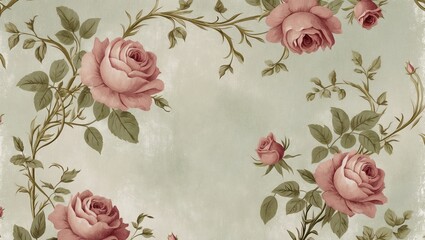 Vintage Background with Elegant Pink Roses and Soft Green Leaves