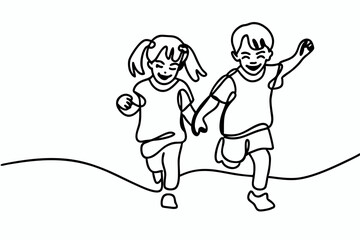 Adorable detailed continuous line drawing of a playful toddler girl (5) in a cute pose