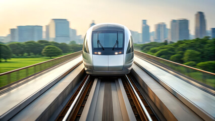 Futuristic maglev train traveling at high speed on a sleek track in a dynamic urban environment.