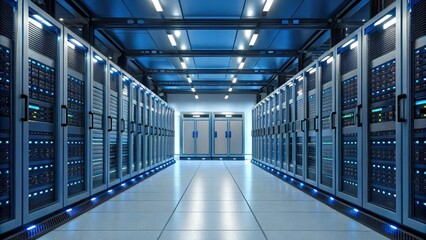 A modern data center aisle filled with server racks, showcasing advanced technology and efficient design in a high-tech environment.