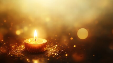 A golden candle burns brightly, surrounded by shimmering sparkles and warm golden hues. Ideal for festive themes, celebrations, or spiritual concepts.. AI Generation