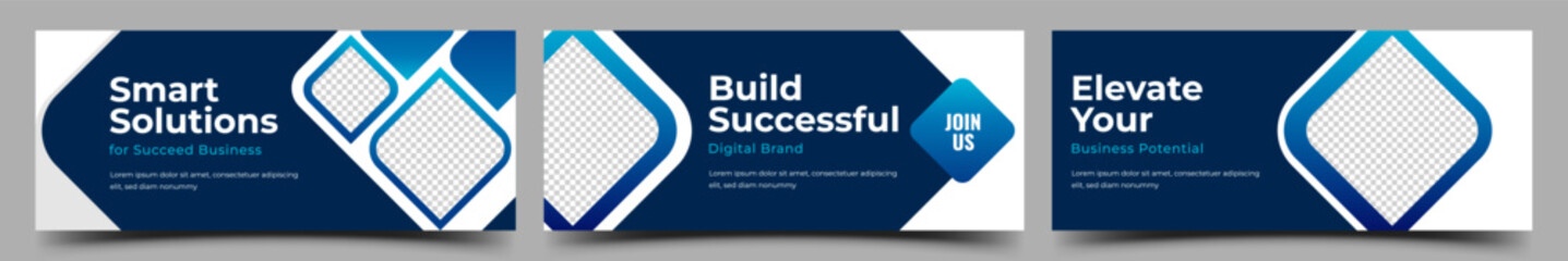 Set of Horizontal modern blue banner template design. White and blue background with gradient blue frame.