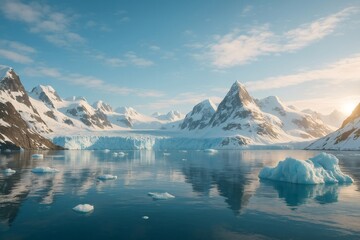 Arctic Glacier Melting into the Ocean at Sunset with Snowy Mountains
