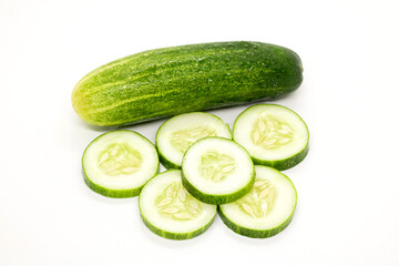 Cucumber slie with water drop in white Background, Cucumber with cucumber slice in isolated background
