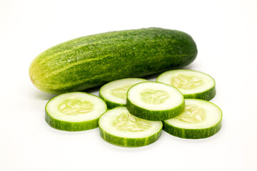 Cucumber slie with water drop in white background, Cucumber with cucumbers slice in isolated background