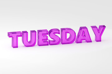 Luxury Purple inscription Tuesday on grey podium, soft light, front view smooth background, 3d rendering