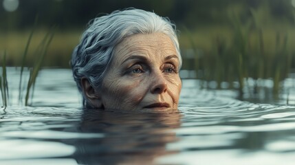 Fototapeta premium Serene Elderly Woman Submerged in Tranquil Water Peaceful Nature Scene Beautiful Silver Hair Sublime Moment Reflective Calm Stillness Elderly Lady 
