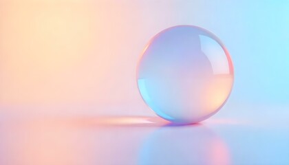 A digital artwork featuring a large, iridescent sphere resting on a reflective surface, set against a soft, gradient background