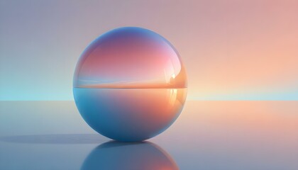 A digital artwork featuring a large, iridescent sphere resting on a reflective surface, set against a soft, gradient background