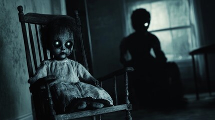 Fototapeta premium A spooky scene featuring a haunted doll with glowing eyes sitting in an old rocking chair. A sinister shadow figure looms in the dimly lit, eerie room, evoking terror and suspense.. AI Generation