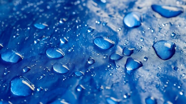 Close-up of glimmering raindrops on a vibrant blue tarp with natural light reflection creating a textured abstract pattern