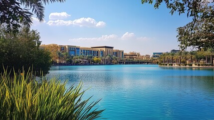 dubai mall from behind. view on a beautiful lake at midday