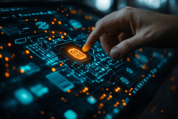 Automation of business or robotic process RPA technology. Transfer of data between application. Businessman touching gears icon on network connection.

