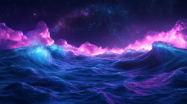 Futuristic night seascape with neon waves and glowing foam under a dark sky – vibrant digital fantasy artwork with sci-fi aesthetic - Powered by Adobe