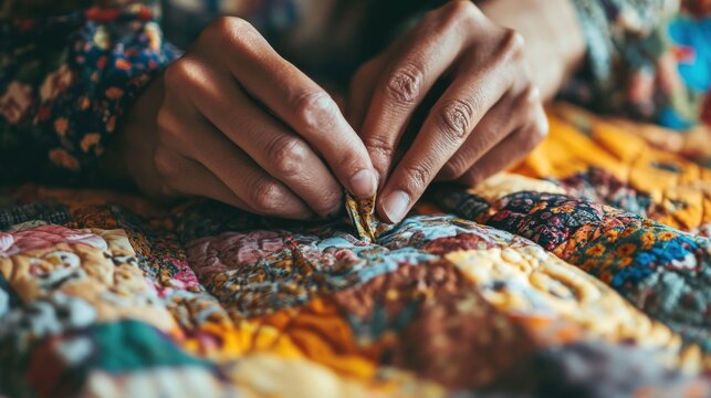 A persons hands are crafting on a colorful quilt