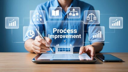 Fototapeta premium Continuous improvement, Process improvement concept, Businesswomen solving problems improving organizational processes, Creating continuous improvement, Industrial management efficiency process