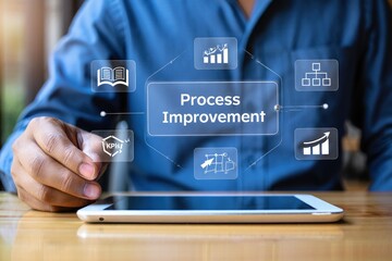 Naklejka premium Continuous improvement, Process improvement concept, Businesswomen solving problems improving organizational processes, Creating continuous improvement, Industrial management efficiency process