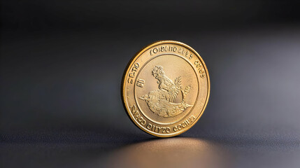 Golden Coin on Dark Surface Showing Detailed Metallic Texture and Circular Shape in Studio Lighting