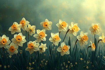 White and Yellow Daffodils in Full Bloom Against a Dreamy Background

