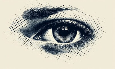 Retro halftone collage eye for use in mixed media designs. Dotted pop art style open human eye with half-tone texture.  illustration of vintage grunge punk crazy art stencils