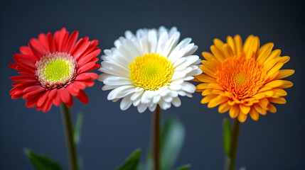 Three Gerbera Daisies In Red White And Orange Bloom Against Dark Background