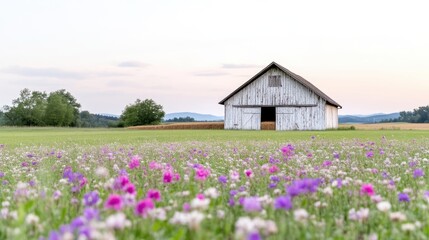 Tranquil countryside scene. A picturesque white barn sits amidst a field of wildflowers