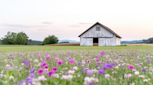 Tranquil countryside scene.  A picturesque white barn sits amidst a field of wildflowers