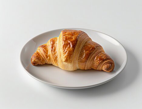 Photo of a croissant on a white plate. The image is set against a plain white background with no